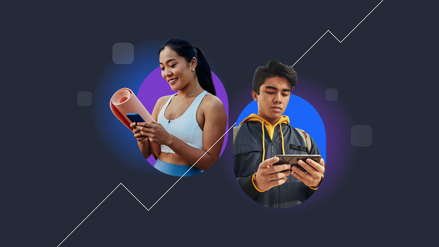 A split graphic illustrating the difference in user acquisition campaigns for mobile apps, with a young woman on the left holding a yoga mat and using a smartphone, symbolizing non-gaming apps, and a young man on the right intently focused on playing a game on his smartphone, representing gaming apps. The background includes a line graph overlay, indicating the analytical approach to user engagement trends in both sectors.